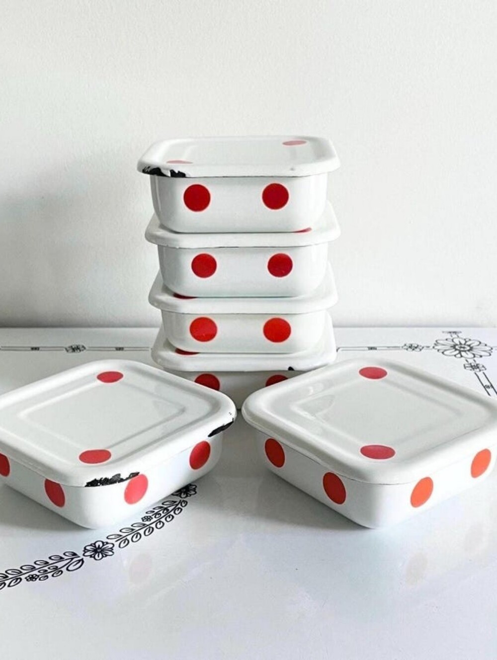 Vintage Set Of 6 RED + WHITE Polka DOT Stacking Enamelware Lidded Containers